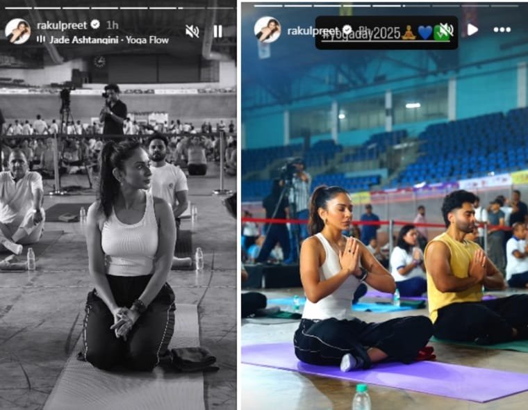 अंतर्राष्ट्रीय योग दिवस 2025 पर योग करते हुए रकुल और जैकी 
